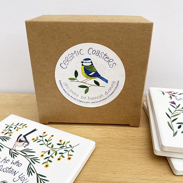 Hannah Dunnett Garden Birds designs coasters with gift box